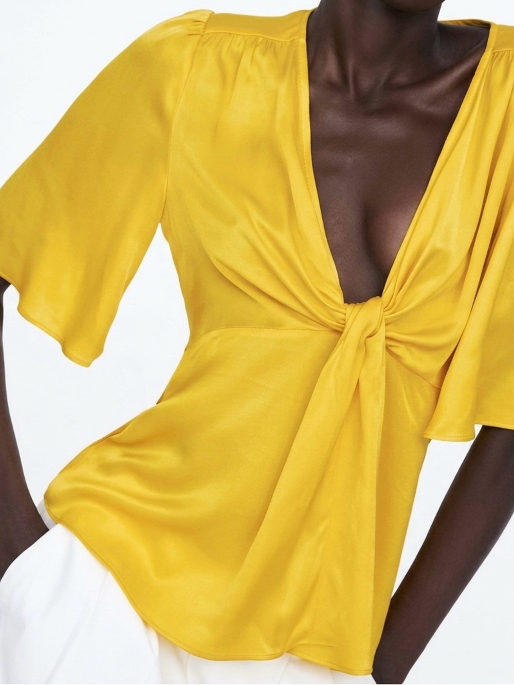 🤍 Zara Yellow Knotted Satin Blouse 4437/088